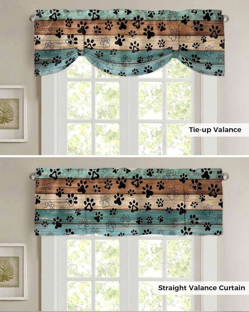 RisQiten Dog Paw Print Tie Up Valance Curtains for Windows, Teal Brown Beige Wooden Kitchen Curtains Window Treatments, Farmhouse Short Window Shades Valances for Bedroom Bathroom Cafe 54"x18" - Image 5